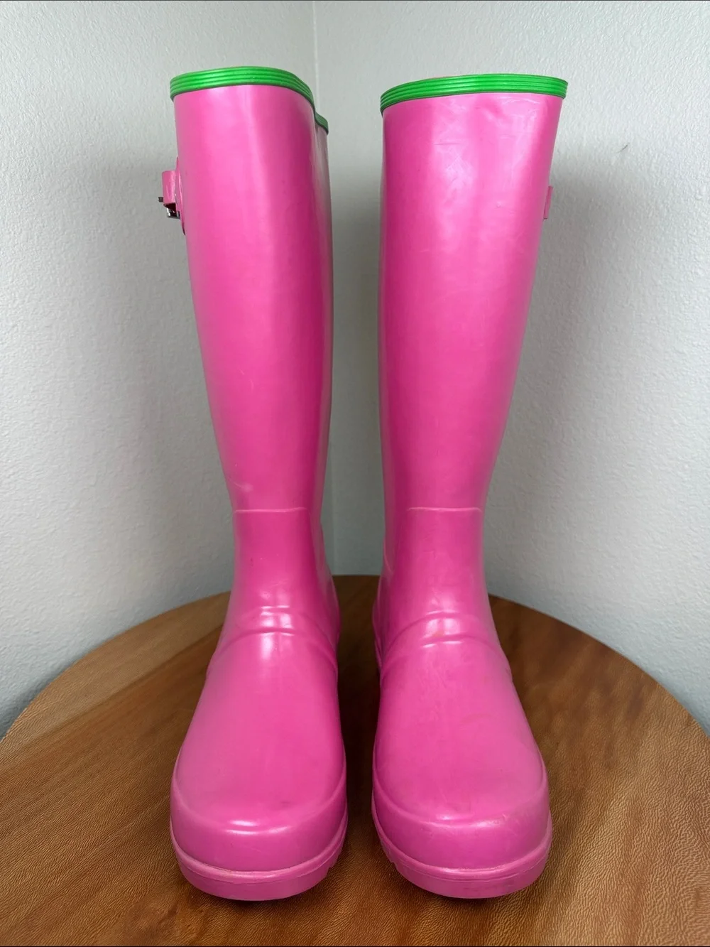 Ralph Lauren Bright Pink & Green Rubber Rain Boots Preppy Galoshes Ladies Size 6